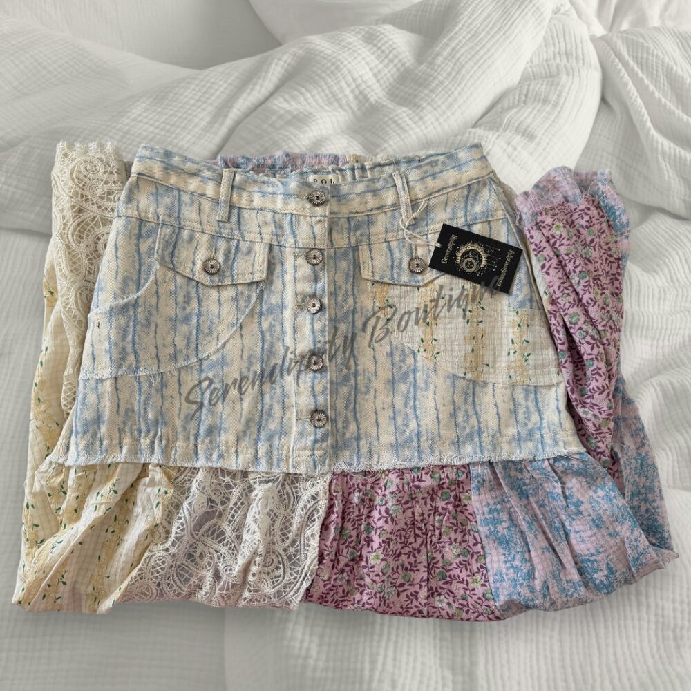 POL Denim Lace & Floral Flowy Baggy Mixed Fabric Cotton Twill Maxi Jean Skirt - Picture 5 of 13